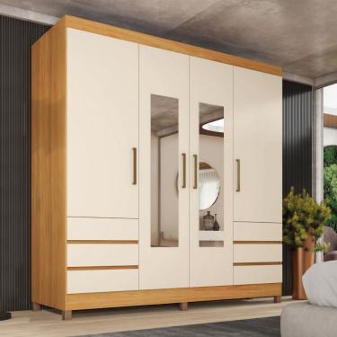Imagem de Guarda Roupas Casal Com Espelho 4 Portas 6 Gavetas Monaco Madeirado/off White