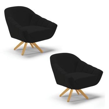 Imagem de Kit 02 Poltronas Giratória Giovana Linho Preto A79 Base de Madeira MA30 - D'Rossi
