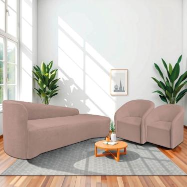 Imagem de Kit Sofá Curvo França 220cm Ld. E 2 Poltronas Luiza Max Conforto, Elegância E Design Moderno Linho Rosê