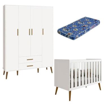 Imagem de Berço Americano E Guarda Roupa Infantil 4 Portas Isis Branco Acetinado Com Colchão Ortobom - Reller
