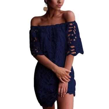 Imagem de Vestido PRETTYGARDEN Curto de Renda Floral Ombro a Ombro Azul Marinho 