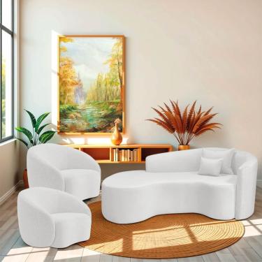 Imagem de Kit Recamier Curvo Sala De Estar Inglaterra 200cm Lado Esquerdo E 2 Poltronas Orgânica Luxo Amore Bouclé Branco