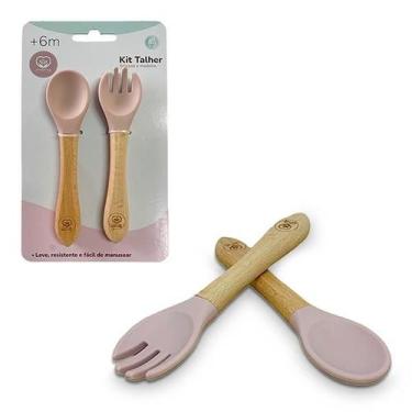 Imagem de Kit Talheres Bebê Silicone Madeira Garfo Colher Menino Menina - PASSEA