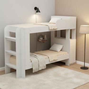 Imagem de Cama Beliche Adulto Junevil Baú Superior com Escadas Armário de 1 Porta Branco Pint