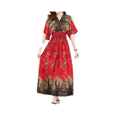 Imagem de Vestido Midi Boêmio Colorido Com Decote Em V Para Mulheres, Moda Chic 