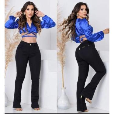 Imagem de Calça Feminina Flare Preta Boca de Sino Cintura Alta com Elastano - LH