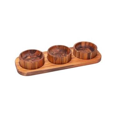 Imagem de Petisqueira em Madeira Teca Marrom com 3 Bowls para Servir Petiscos e Molhos Wolff