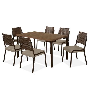 Imagem de Mesa de Jantar Aço Nobre Kansas com 6 Cadeiras em Revestimento Sintético - Marrom/Castor	