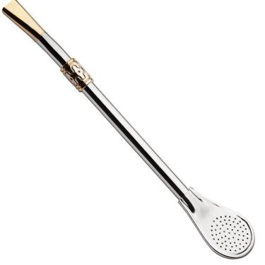 Imagem de Bomba De Chimarrão Bocal Dourado Ferro Cinza Bojo Pera 19cm