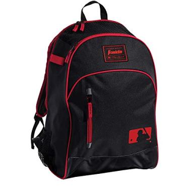 Imagem de Franklin Sports MLB Batpack Bag – Bolsa juvenil de beisebol, softbol e tebol – Bolsa para equipamentos esportivos – Bolsa para tacos (2) e inclui gancho para cerca – Preto/Vermelho