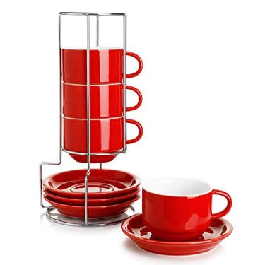 Imagem de Sweese Xícaras de cappuccino empilháveis de porcelana de 227 ml com pires e suporte de metal - para bebidas especiais de café, cappuccino, latte, americano e chá - Conjunto de 4, vermelho