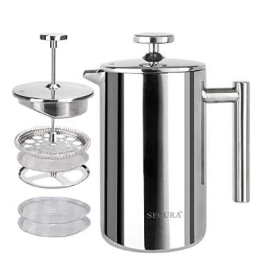 Imagem de Secura Cafeteira French Press, prensa de café isolada de aço inoxidável de grau 304 com 2 telas extras, 35 g (0,35 litros), prata (SFP-12DS)