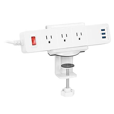 Imagem de Mount-It! Suporte de tira de força para montagem de mesa com protetor de sobretensão incluído | Tomada de energia branca para mesa com 3 portas USB e 3 tomadas de alimentação CA | Montagem de fixação