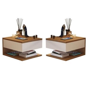 Imagem de Kit com 2 Mesas de Cabeceira Suspensa Decor 1 Gaveta - Freijó Com Off White - Lojas RPM