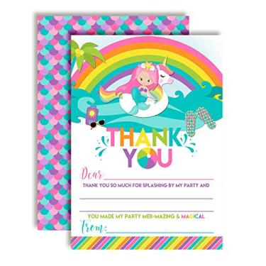 Imagem de Notas de agradecimento para meninas de unicórnio rosa sereia unicórnio arco-íris festa na piscina 10 x 14 cm Preencha os cartões em branco com 10 envelopes brancos da AmandaCreation
