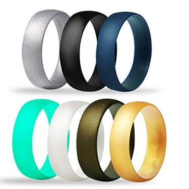 Imagem de Anel de casamento de silicone macio Tuhaoge para homens e mulheres, 7 pacotes com anéis de casamento de silicone finos e confortáveis (preto, cinza, azul, dourado, verde, cobre, prata, 6