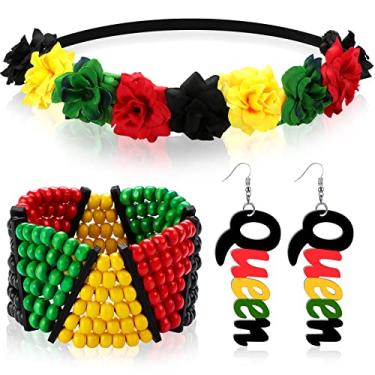 Imagem de 3 peças joias africanas femininas multicoloridas contas pulseira jamaicana madeira rainha brincos pingente preto vermelho verde amarelo flor coroa tiara para mulheres