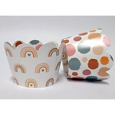 Imagem de Embalagens de cupcake Boho para artigos de festa Good Vibes, arco-íris retrô, pequenas festas de arco-íris e eventos escolares. Conjunto de 24 envoltórios reversíveis de arco-íris a tom mudo