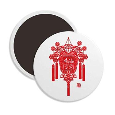 Imagem de Padrão de Lanterna Chinesa Vermelha Cerâmica Redonda Ímã de Geladeira Lembrança Decoração