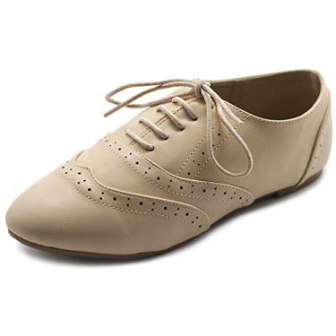 Imagem de Ollio sapato feminino clássico com cadarço salto baixo Oxford, Bege, 7.5