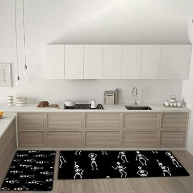 Imagem de Tapetes de cozinha preto e branco esqueleto dança antiderrapante conjunto de 2 tapetes de cozinha, tapete confortável antifadiga para sala de jantar, lavanderia, escritório