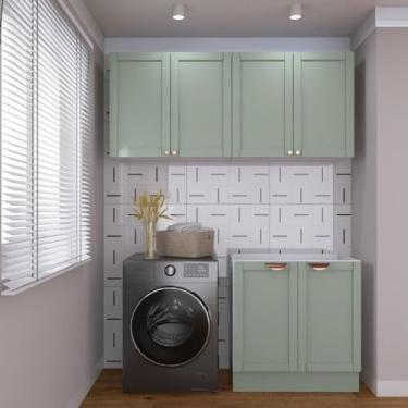 Imagem de Lavanderia Modulada 3 Peças sem Tampo 2 Armários Aéreos 4 Portas 1 Balcão Cabecasa Madeiramadeira Verde/branco