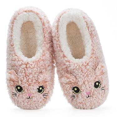 Imagem de Cozylook Pantufas fofas para casa de animais – Meias felpudas e quentes para quarto antiderrapante com designs de rosto divertidos, presentes divertidos de Natal exclusivos, Gato rosa, 9-10