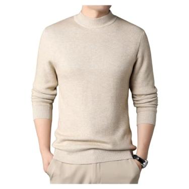 Imagem de Suéter masculino de gola redonda de malha de cor sólida suéter fino justo pulôver camada de base, Bege, M