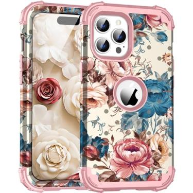Imagem de BQQFG Capa para iPhone 14 Pro, capa protetora de plástico rígido à prova de choque com três camadas de borracha de silicone macio para iPhone 14 Pro de 6,1 polegadas, flores de ouro rosa