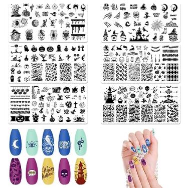 Imagem de ALIBBON Conjunto de 6 peças de placas de estampagem de unhas de Halloween, modelos de carimbo de arte de unhas de fundo de abóbora fantasma, kit de modelos de carimbo de teia de aranha de gato, placas de unhas de metal para decoração de impressão DIY