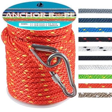 Imagem de Corda de âncora de 1,5 m, linha de ancoragem MFP de trança sólida premium com dedal de aço inoxidável 316, corda de âncora de barco 3/8 polegadas 1,5 m com gancho de pressão resistente - laranja e amarelo