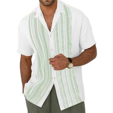 Imagem de Camisa masculina vintage de boliche, manga curta, abotoada, havaiana, verão, praia, casual, contrastante, Branco-verde, 3G