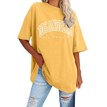 Imagem de Camiseta feminina de verão com estampa de letras Los Angeles, manga 3/4, gola redonda, tamanho grande, casual, solta, moda feminina, Amarelo, GG