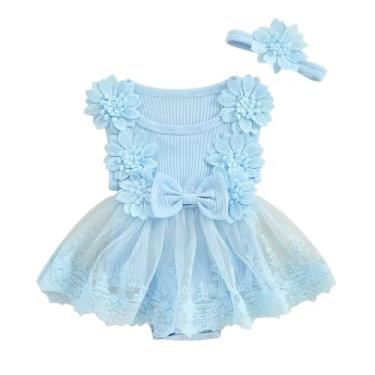 Imagem de Macacão infantil para bebês meninas verão renda floral em camadas tule tutu vestido + faixa de cabeça vestido princesa macacão sem mangas, Azul, 3-6 Months