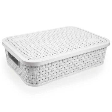 Imagem de Caixa Organizadora Plástico Rattan 32Cm Baixa Média Branca - Nitron
