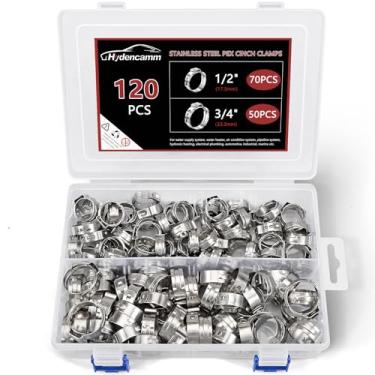 Imagem de 120 peças 1/2", 3/4" PEX Clamps Kit de braçadeiras de clínche, anéis de fixação PEX de aço inoxidável 304, anéis de aperto para conexões de encaixe de tubulação PEX Hydencamm