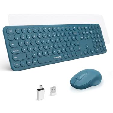 Imagem de XTREMTEC Combo de teclado sem fio 2,4 G tamanho completo, teclado de computador ultra fino silencioso bonito com receptor USB para Windows, OS, PC, Mac, tablet (azul)