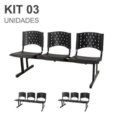Imagem de Kit 03 Cadeiras longarinas PLÁSTICAS 03 Lugares - Cor PRETO - REALPLAS