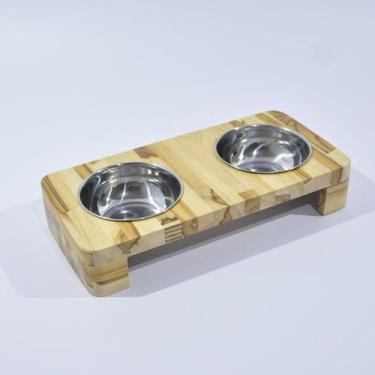 Imagem de Comedouro Retangular em Madeira Teca com Tigela de Inox para Pets - Ut