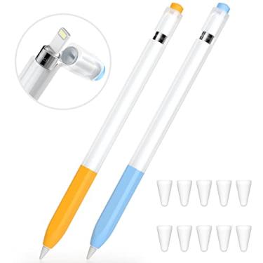Imagem de JOOSKO Estojo compatível com Apple Pencil 1ª geração, [2 unidades] de silicone macio [com 10 pontas] (azul celeste, amarelo)