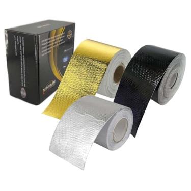 Imagem de Xinhan (ouro, prata, preto) fita de proteção térmica de folha de alumínio fita adesiva refletora de calor de alta temperatura compatível com tubo de admissão de carro, mangueiras de compartimento de