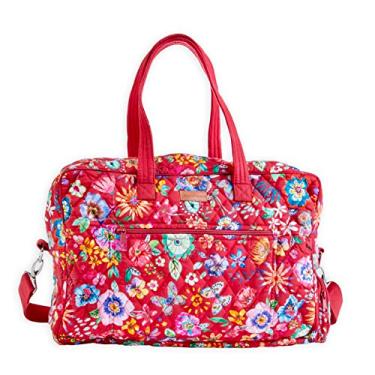 Imagem de Maison d' Hermine Bolsa de viagem acolchoada 100% algodão para o fim de semana, bolsa de ginástica para homens e mulheres, viajantes de negócios, viagem em família, Happy Florals - Vermelho