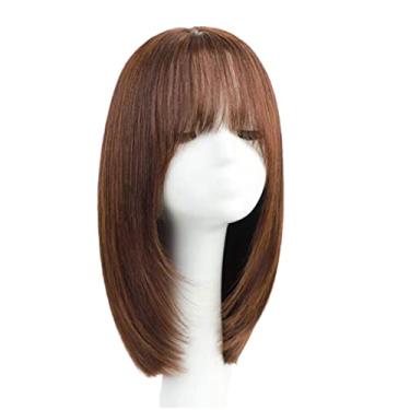 Imagem de Lindo Perucas de cabelo humano preto para mulher peruca longa preta reta com franja peruca de cabelo humano reta de comprimento médio perucas retas em camadas (17"/42 cm) Ajustável