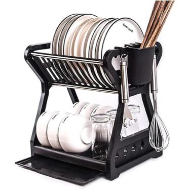 Imagem de Escorredor de Louça 2 Andares, Preto, Organizador de Pratos e Talheres com Bandeja Coletora, 34x31x24cm