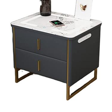 Imagem de Mesa de cabeceira com indução de carregamento sem fio, mesa lateral com luz noturna LED de 3 cores e armário de armazenamento de 2 gavetas para quarto/móveis de escritório azul