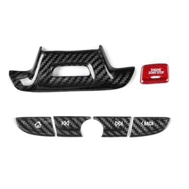 Imagem de FINMOKAL Capa de volante preta de fibra de carbono com furo + botão de navegação do console central capa de botão de partida vermelha compatível com Chevrolet Camaro 2016-2020