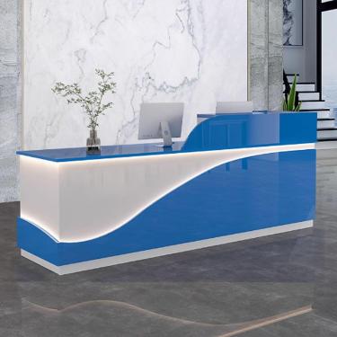 Imagem de Moderno de recepção para escritório, balcão de recepção, recepção da recepção da recepção, balcão de madeira engenharia de madeira com tiras leves para salões de beleza, azul+branco, 140cm