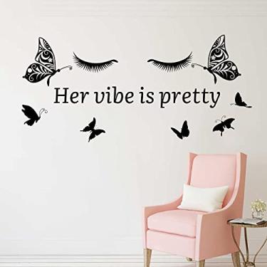 Imagem de Her Vibe is Pretty Decalque de parede de vinil inspirador citações de borboleta adesivos de cílios frases motivacionais preto letras positivas para mulheres e meninas, quarto, sala de estar e banheiro
