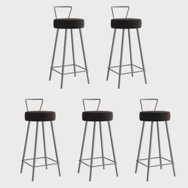 Imagem de Kit 05 Banqueta Alta Com Encosto Tais Eiffel Cozinha Bar Bistrô Ferro Prata Corino Marrom - Ahz Móveis