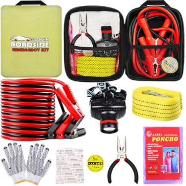 Imagem de LIANXIN Car Emergency Roadside Tool Kit, Auto Emergency Kits Vehicles, with Jumper Cables kit，Car Safety Roadside Assistance Kit,Headlamp,Tow Straps,Needle nose pliers,Rainwear,Gloves.Matcha Green